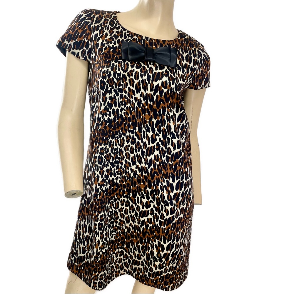 Betsey Johnson- 100% Silk Leopard Mod shift dress with bow- 8